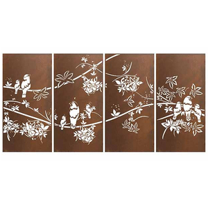 Modern Laser Cut Metal Room Divider 4 Panel Bird and Flower Design Decorative <b>Screen</b> Fixed Frame Structure Corten steel - Product Image 1