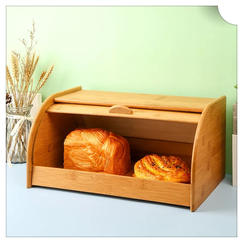 سعة كبيرة المطبخ الغذاء تخزين الخبز حاوية تخزين المواد الغذائية المتداول أعلى الخيزران مربع الخبز كونترتوب مع سهل الانزلاق غطاء