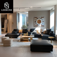 Hochwertige Wohnzimmermöbel Luxuriöses U-förmiges Modulares Sofa Echtes Leder Schwarzes Ecksofa