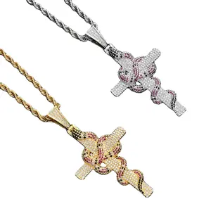 RQ Hip Hop Jewelry for Men Snake Cross 14K Gold Iced Out Cross Coral Snake Gemstone Shiny Iced Out Cross Pendant