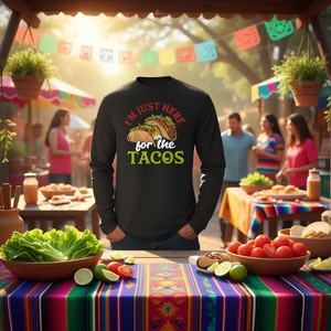 T-shirt à manches longues unisexe avec col rond, impression numérique, design à thème alimentaire mexicain, I'm Just Here For The Tacos - Product Image 3