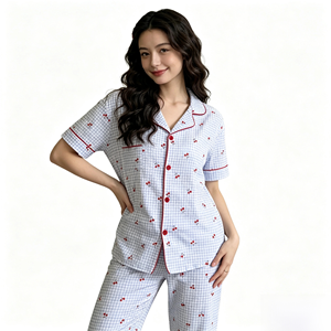 Women's Summer Casual Soft Cotton 100% Turn-down Collar <b>Cardigan</b> <b>Short</b>-<b>Sleeved</b> Two-Piece Pajamas Striped Elastic Waist Pants - Product Image 5