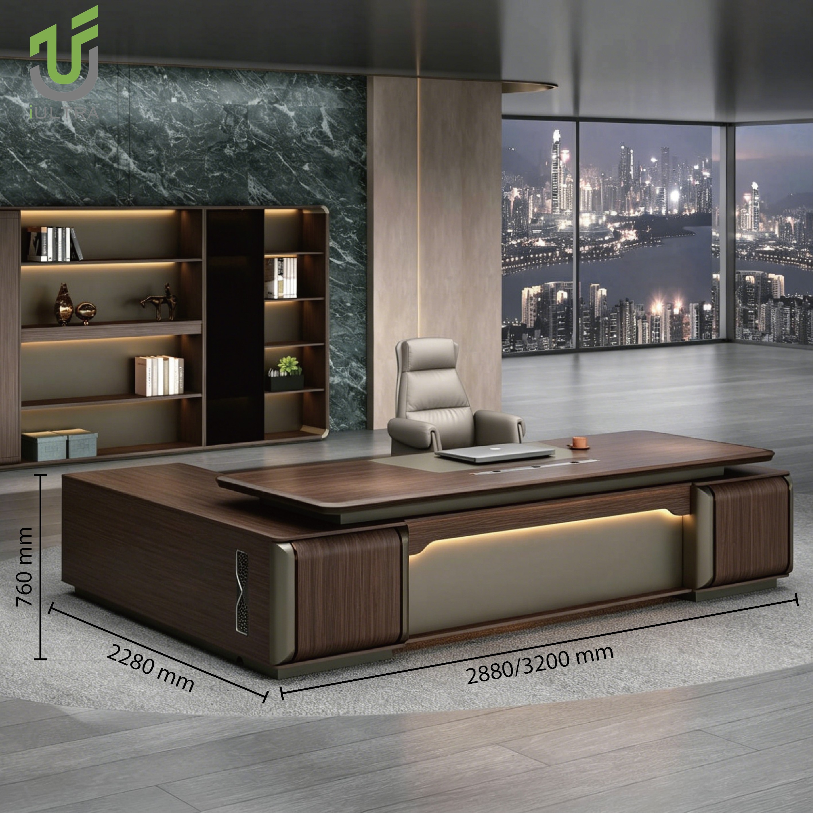 Luxury CEO Office Desk Walnut Veneer Office Table Boss Desk with Drawer Storage