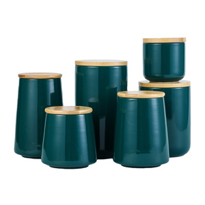 Precio barato de fábrica SWT Tarro personalizado Color verde con tapa de bambú Juego de almacenamiento de alimentos Recipiente Tarro de cocina de cerámica - Product Image 2