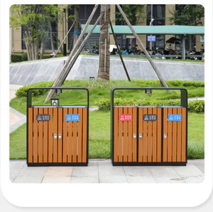 Galvanized Steel Outdoor Bins With 3 Compartment Garden Dust Bin Outdoor Commercial Trash Cans With Plastic Wood For Public Area