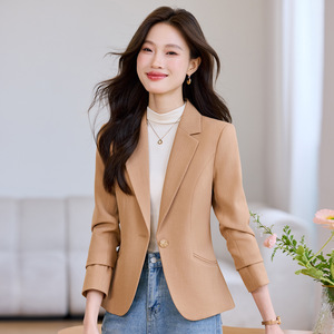 Women's Blazer Khaki Solid Color Polyester Anti-Wrinkle Suit Jacket For Office Wear - Product Image 1