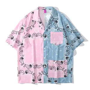 2024 Polyester Mixed With Spandex Blue Link Patchwork Bandana Shirt Men Summer Street Fashion Polo Shirt Man Clothing