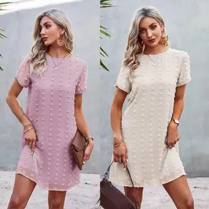 Summer Womens Round Neck Short Sleeve Loose Bohemian Dresses Plus Size Jacquard Flowy Chiffon Swiss Polka Dot Dress For Women