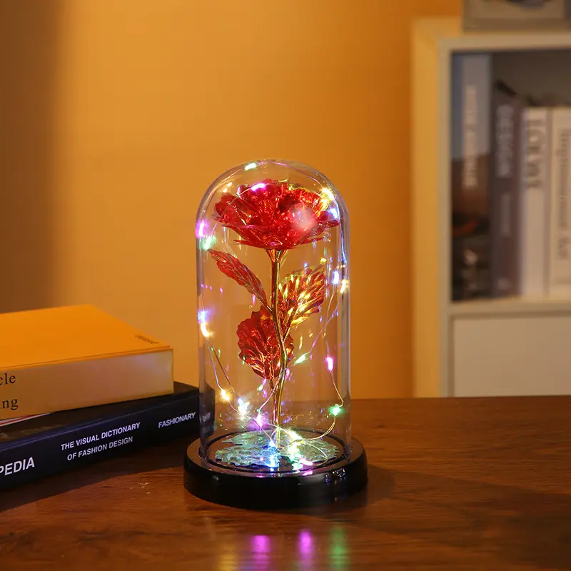 Decorative Led Lamp Galaxy Roses Artificial 24k Gold Foil Rose Flowers In Glass Dome