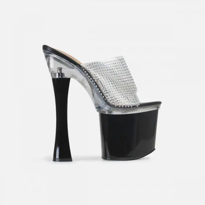 Ins Hot angel black rhinestone platform sandals clear front diamante strap stiletto block heel lady gaga shoes sexy women mules