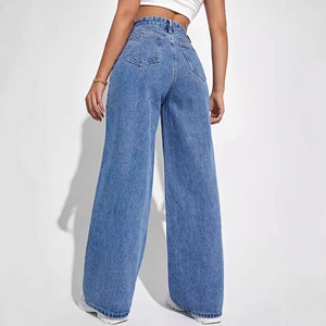 Vente en gros de jeans droits pour femmes, pantalons en denim à jambes larges, jeans taille haute extensibles, vêtements neufs - Product Image 6