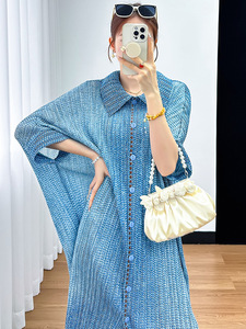 Robe d'été plissée Miyake pour femme, couleur unie bleu <span class=keywords><strong>jean</strong></span>, manches courtes, col polo boutonné, Vestido - Product Image 2