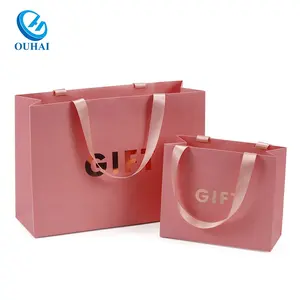 Customized Logo Coated Paper Bag With Gold Foil And Ribbon Handles