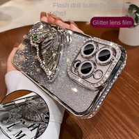 Pour iPhone 15 Pro QuickSand Butterfly Bracket Soft TPU Case avec Galvanoplastie Anti-Chute Feature Camera Protector pour iPhone 15