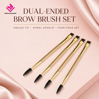 Kuas Alis Dua Sisi Ujung Miring Spiral Spoolie Rambut Sintetis Gagang Kayu Ferrule Aluminium Alat Rias Mata