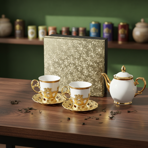 Set di Tazze da Caffè Turco <span class=keywords><strong>in</strong></span> Porcellana Placcata Oro con Piattini, Confezione Regalo Personalizzata - Product Image 2