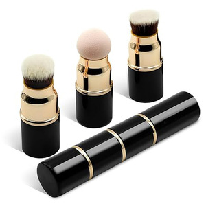 Custom logo 3-in-1 Face Makeup Brush Set Flat Brush Plastic Handle Synthetic Hair Retractable <b>Foundation</b> Loose Powder Brushes - Product Image 1
