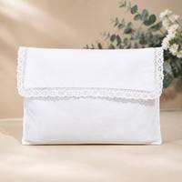 Sac à rabat personnalisé en coton blanc avec bordure en dentelle |   Pochette à bijoux de luxe en dentelle de coton, sac anti-poussière, cadeau, OEM, MOQ 100