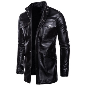 Primavera e autunno nuovo cappotto lungo da uomo con colletto nero giacca in pelle da motociclista con cerniera a quattro tasche giacca lunga da uomo. - Product Image 1