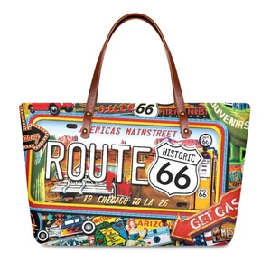 Bolsas para Mulheres com Frete Grátis, Bolsas Gráficas Retro com a Bandeira dos EUA e Sinal Route 66, Último Design em Couro PU - Product Image 2