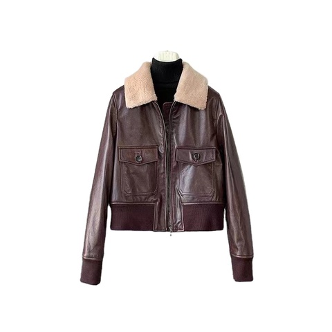 3801 Latest Design Vintage Pocket Zipper Brown Thick Warm Real Leather Jacket for Women