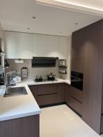 Ensemble d'armoires de cuisine modulaires modernes en acier inoxydable en forme de U avec panneaux en bois massif pour les projets d'appartements et de villas