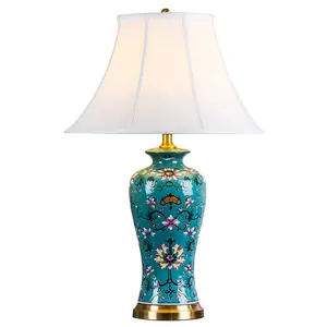 China factory supplier blue flower design artwork lamps ceramic home decorative table lamp with gold base