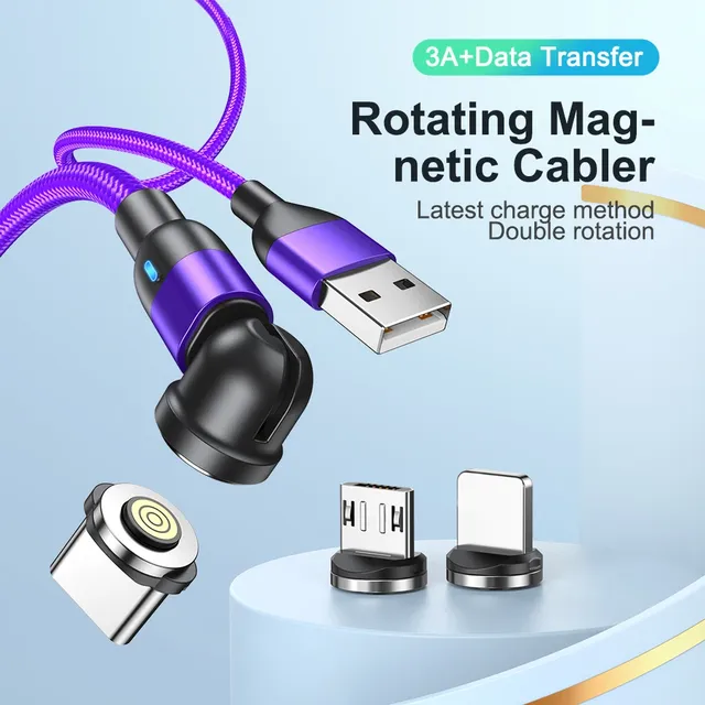 Magnetic Type C Micro USB Cable 1M 2M Phone Charger LED Data Cable 540 Degree Rotating Right-Angle for iPhone for Xiaomi