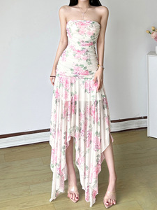 Tea <span class=keywords><strong>Break</strong></span> phong cách đồng quê nhẹ nhàng hoa gauzy ống không đều Top DRESS Xếp Li Eo chặt chẽ thiết kế cảm giác vỏ bọc Ăn mặc - Product Image 2