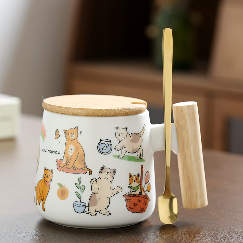 Tasse à café pour couple, manche en bois, sans ombre, couvercle en bambou avec chat, cuillère dorée.