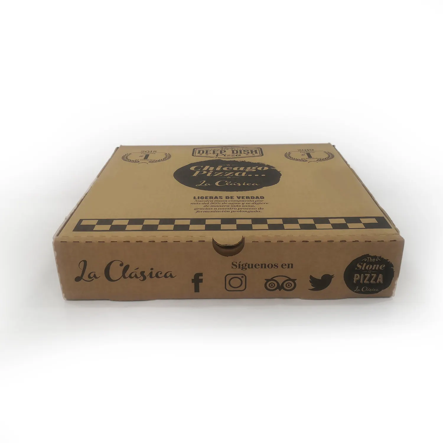 Caja de pizza desechable de calidad alimentaria con impresión en color de cartón de papel Kraft corrugado