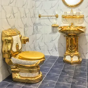 Royal Ceramic Golden Pedestal Wash Basin Luxury Two Piece Water Closet Gold Toilet Set Bathroom
