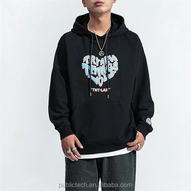 High Quality Hip-Hop 100 Percent Cotton Wholesale Custom 3d Heart Logo Puff Printing Pullover Hoodie With String