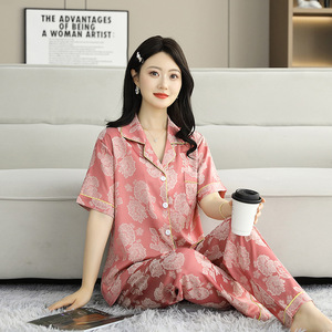 2025 été grande taille femmes imprimé fleuri Satin-comme taille élastique respirant léger à manches courtes pyjama ensemble polyvalent - Product Image 2