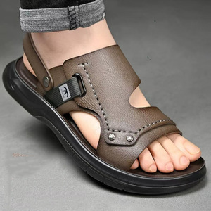 Sandalias de Hombre con Correa en T, Cuero Genuino, Punta Abierta, Suela de Goma Antideslizante, Zapatos Casuales para Exteriores, Modelo 9927 - Product Image 1