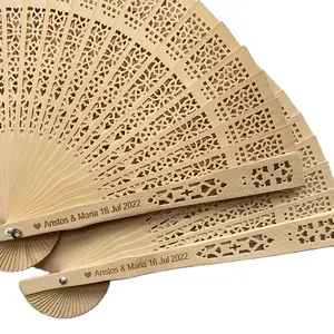 Quality Assurance Chinese Carved Folding Nature Wood Hand Fan Engrave Names And Date On The Side Wedding Fan