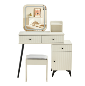 Ensemble moderne de coiffeuse éclairée par LED avec tabourets en MDF <span class=keywords><strong>Commode</strong></span> de chambre à coucher avec table d'appoint mobile pour la maison ou l'hôtel - Product Image 1
