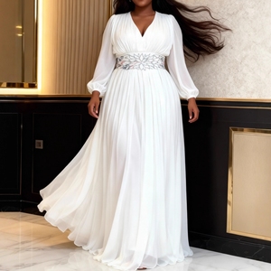 Robe longue élégante J9 pour <span class=keywords><strong>femmes</strong></span> grandes tailles, blanche, col en V, cintrée à la taille, manches longues, en mousseline, ourlet évasé, pour soirées et banquets - Product Image 1
