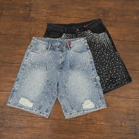 Shorts en jean baggy pour hommes, style streetwear, effet vieilli, délavage vintage, avec strass, fabrication sur mesure