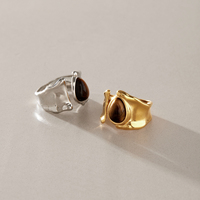 J&D 18K Gold Edelstahl Tigerauge Tropfenförmiger Strukturierter Breiter Ring Vintage Boho Verstellbarer Offener Damen Modeschmuck