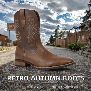 Botas Vaqueras Marrones a Media Pantorrilla, Estilo Occidental, Parte Superior de PU Artificial, Punta Redonda, Suela de Goma, Sin Cordones, Otoño - Product Image 2