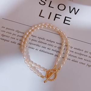 2025 Zhuji Women's Classic 14K <b>Gold</b> OT Buckle Stacked <b>Bracelet</b> 3-4mm 3-Layer Freshwater Rice & <b>Pearl</b> Simple Design - Product Image 1