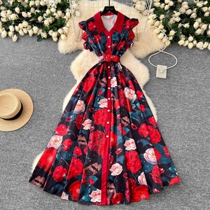 Vestidos Largos Elegantes para Mujer, Estampados, con Mangas con Volantes, Cierre de Botón, Cintura Ajustada - Product Image 2