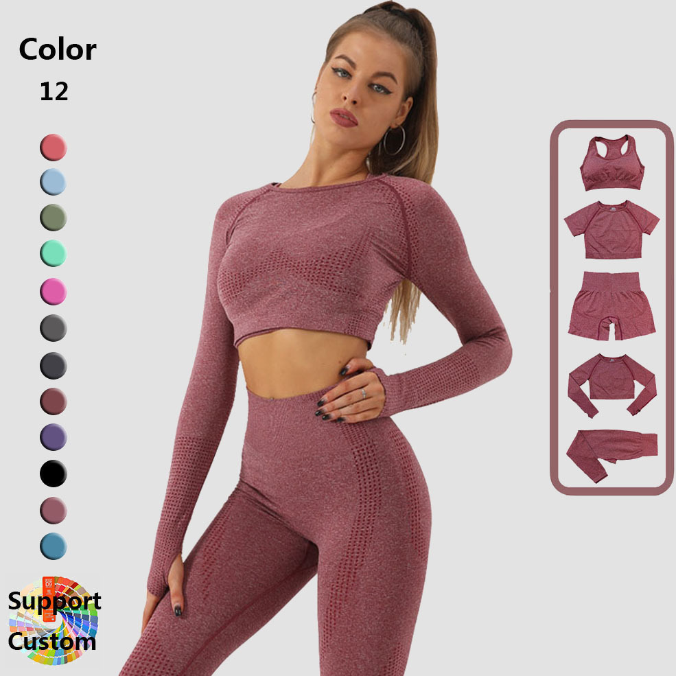 Seamless Dot 5PCS Set Shorts T-shirt Long Sleeve Top Pants Bra Fitness Set Women's Yoga Suit