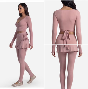 Balletcore Exercise Clothing for Women Yoga Wear Long Sleeve Cropped Top Wrapped Sports <b>Skirt</b> Leggings Set Butter Soft SQ6088 - Product Image 3