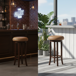 Elegant Modern Wooden Bar <b>Stool</b> with Round Upholstered <b>Seat</b> and Laser Stitch Detailing for Indoor and Outdoor Bars - Product Image 3