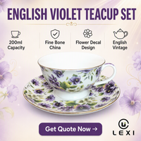 Ensemble tasse et soucoupe à thé en porcelaine fine à motif floral violet 200 ml avec boîte cadeau pour la maison, le bureau, l'hôtel – Design élégant