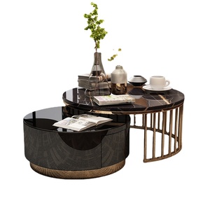 Table basse moderne empilée et structurée Table basse ronde personnalisée en verre de pierre de marbre blanc ou noir avec rangement - Product Image 1