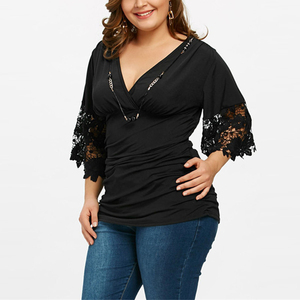 Damen Beliebte Plus Size Halbarm Deep V-Ausschnitt Schwarz Top Fashion Bluse Design Plus Size Damen Blusen - Product Image 2