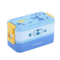 Boîte à lunch portable double couche pour étudiants Cartoon Kidsren Boîte à lunch compartimentée Boucle latérale Couvercle en plastique comprenant une fourchette et une cuillère
